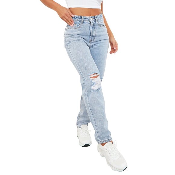 2/$30 NWT PrettyLittleThing "8" Light Blue Knee Ripped Mom Jeans Straight Leg - Picture 1 of 16
